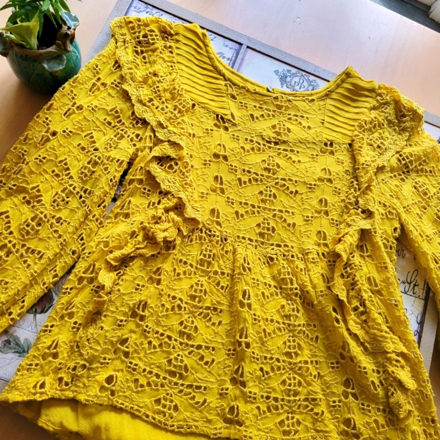 Anthropologie Golden Bohemian Lace Quarter Sleeve Blouse Meave Clementine Blouse