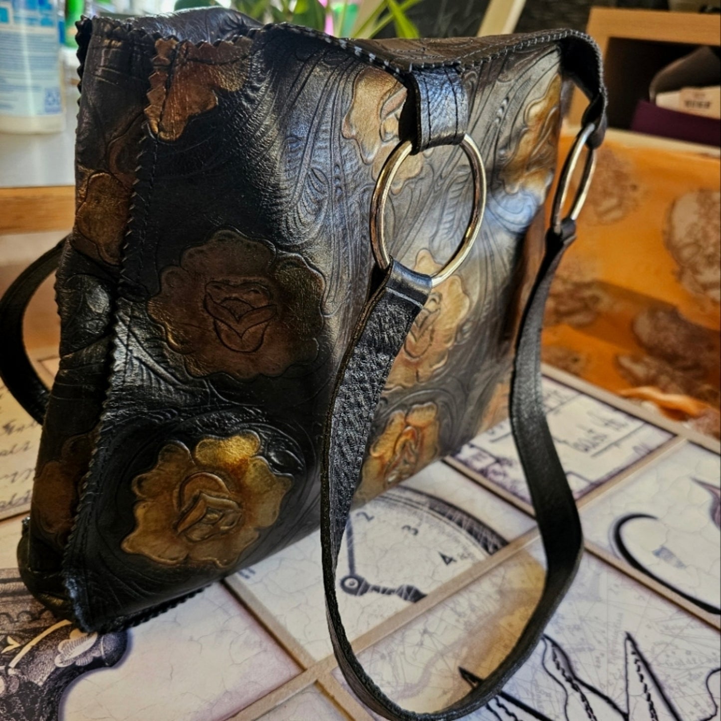 Genuine Leather Ditty Inc. Vintage Floral Print Designer Shoulder Bag