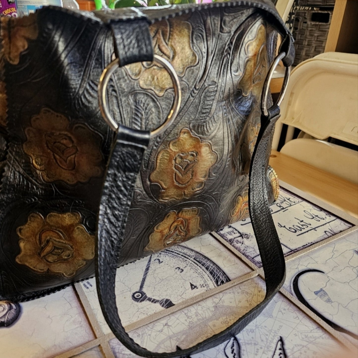 Genuine Leather Ditty Inc. Vintage Floral Print Designer Shoulder Bag