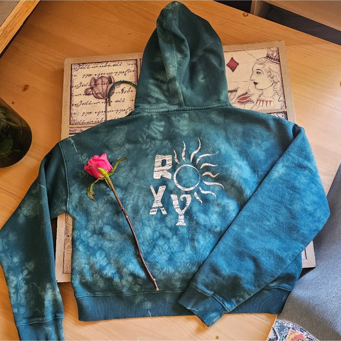 Blue New Roxy Tie Dye Hooded Cropped Sweater