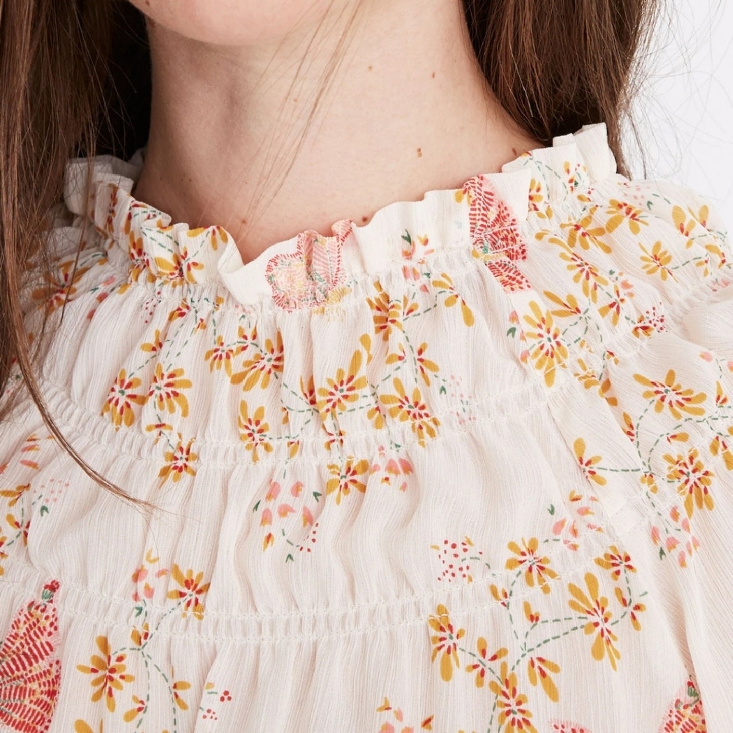 Madewell Smocked Mock Neck Floral Sheer Bohemian Blouse