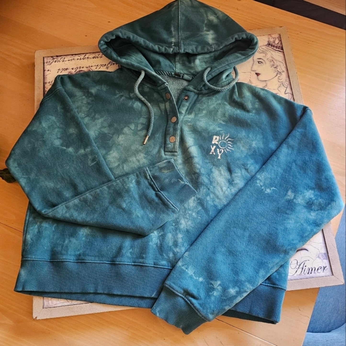 Blue New Roxy Tie Dye Hooded Cropped Sweater