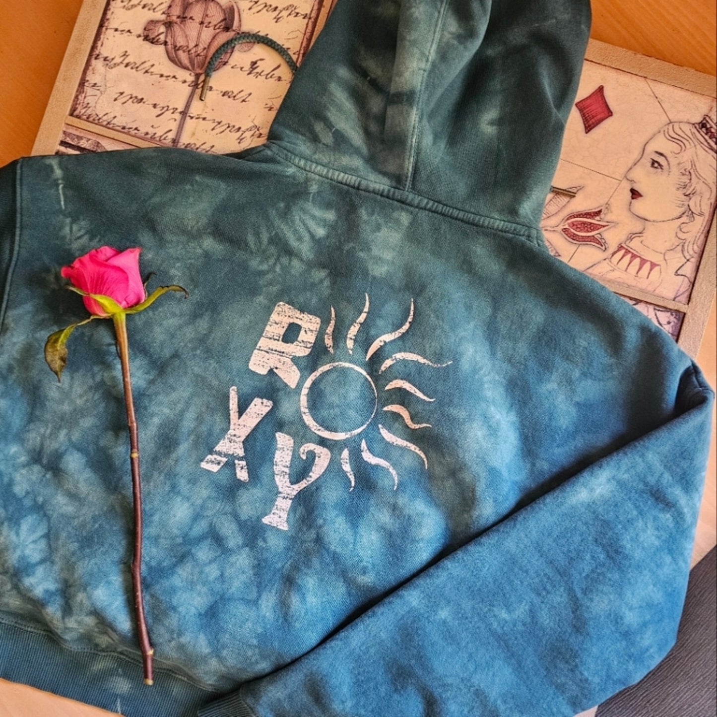 Blue New Roxy Tie Dye Hooded Cropped Sweater